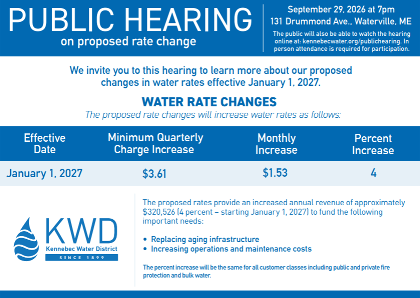 Postcard advertising the proposed rate change for 2027 as well as information on a public hearing on the matter. This occurs September 29, 2026.